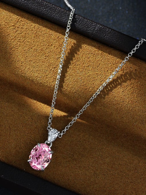Pink [P 2041] 925 Sterling Silver High Carbon Diamond Oval Luxury Necklace